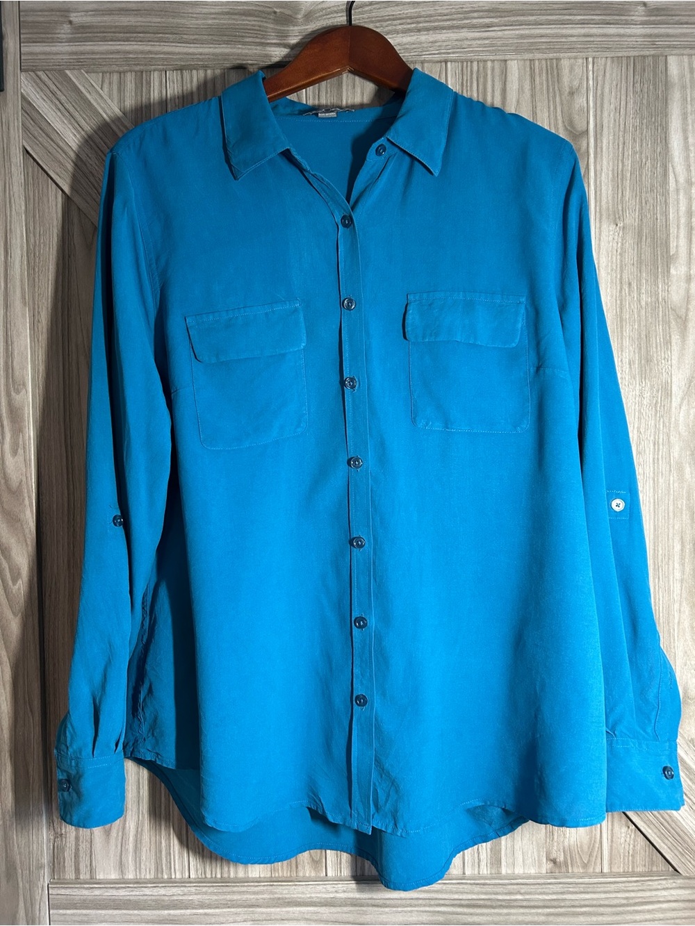 GoSilk 100% Washable Silk Button Up Pocket Blouse Teal Blue XL
